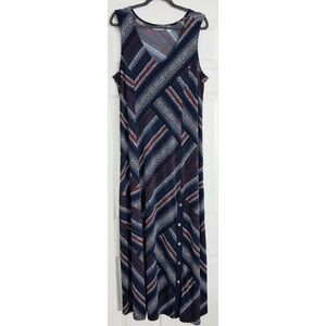 Susan Graver Maxi Dress L Navy Blue Red White Dots Snap Button Hem Sleeveless